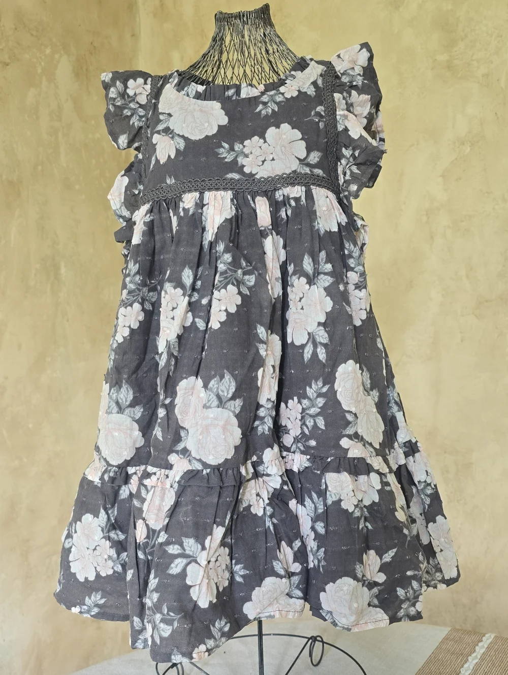 Tahari Girls Floral Ruffle Dress - Gray and Pink 3T